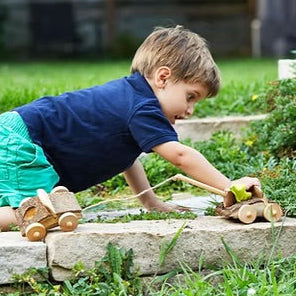 boy playing with tree blocks tow truck car and gnome play set