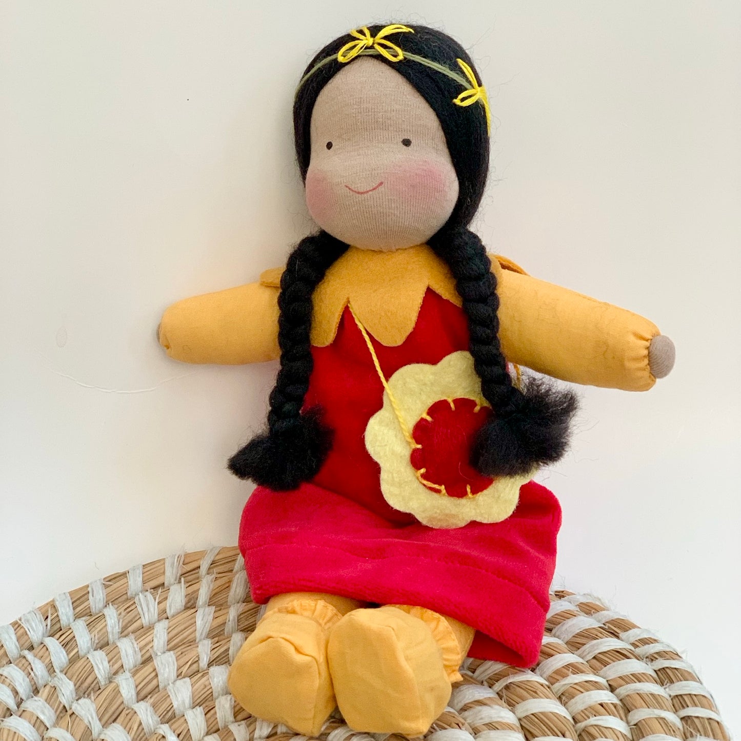 evi handmade waldorf flower child doll scarlet with black hair and brown skin