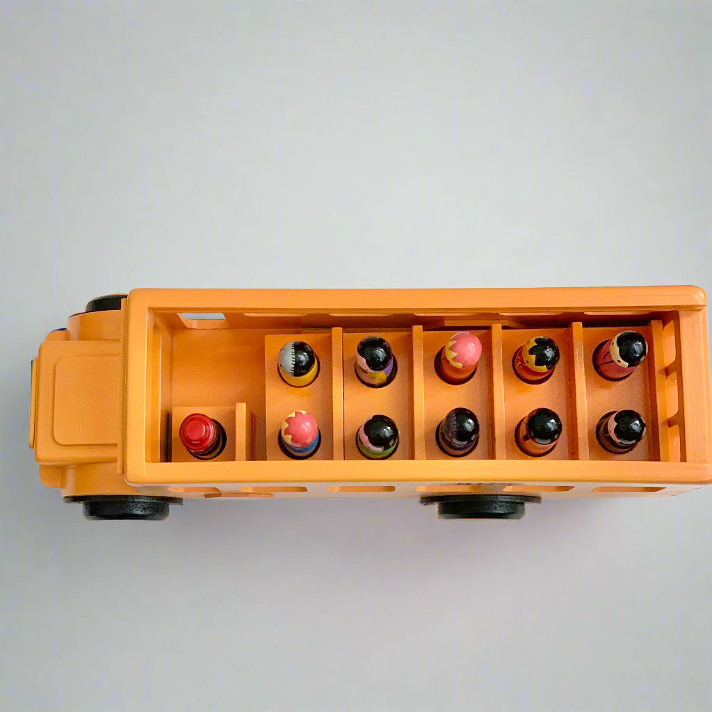 handmade wooden school bus and peg dolls play set top view