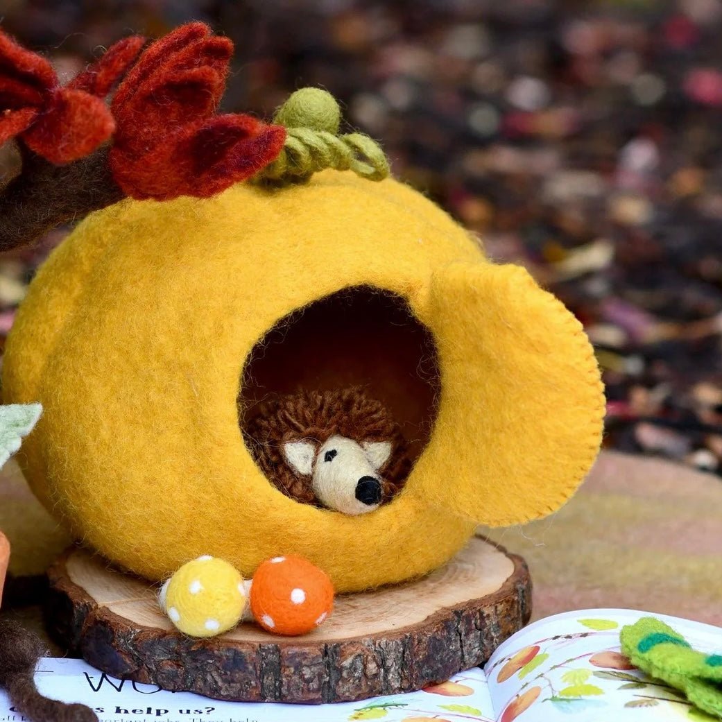 felt hedgehog toy in pumpkin house