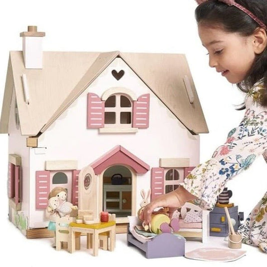 Wooden Cottage dollhouse with furniture