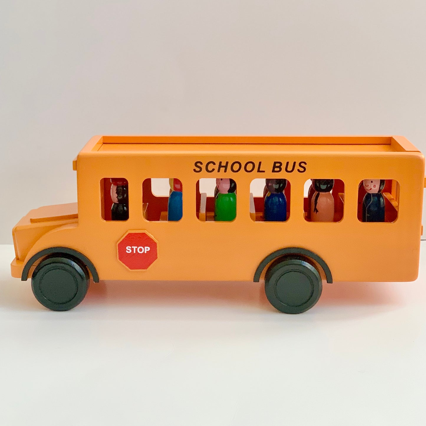 handmade wooden school bus toy with peg doll kids and driver