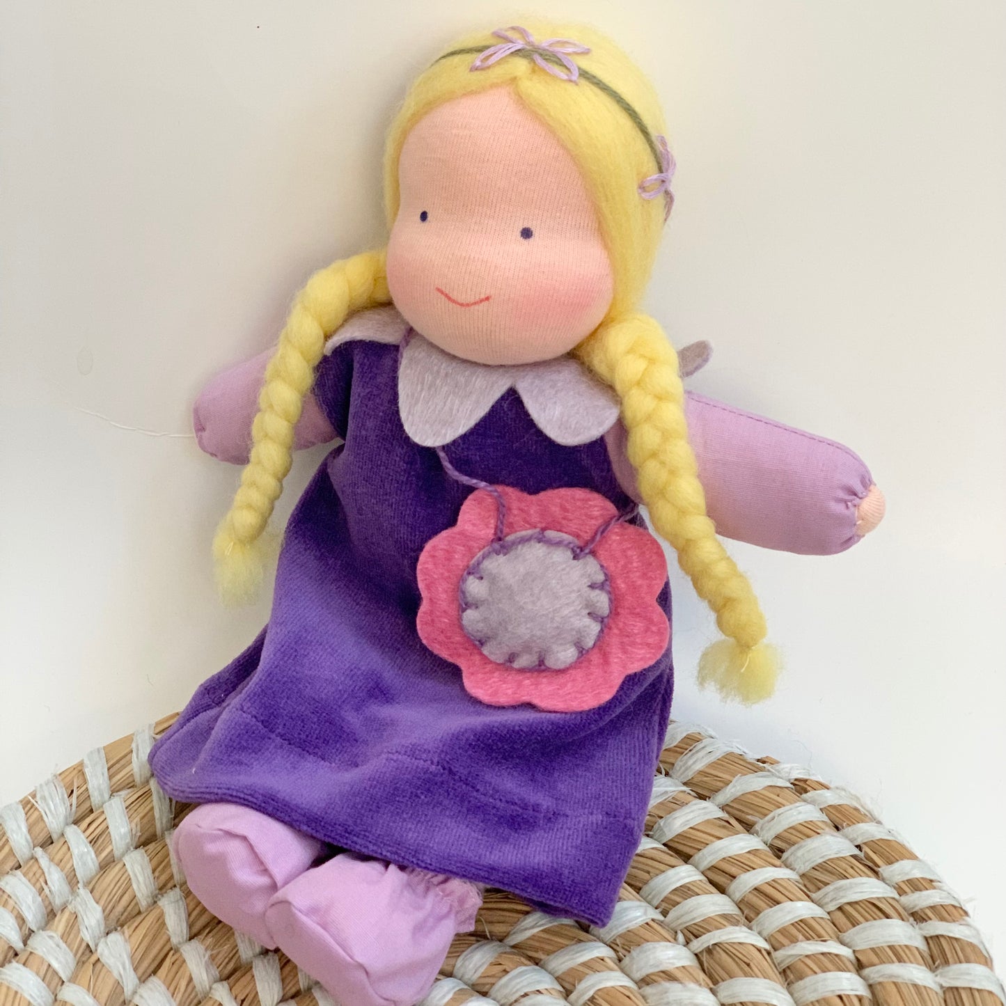 evi violet flower waldorf doll with blonde hair