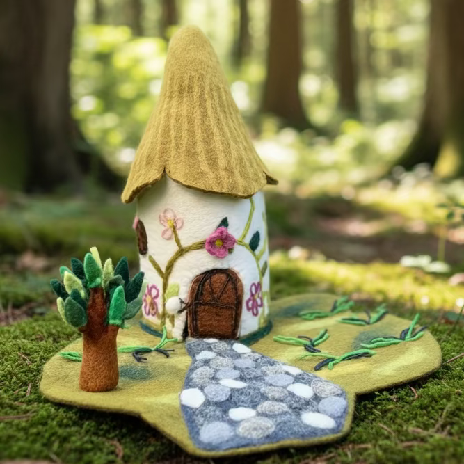 Felt fairy cottage dollhouse on a forest playscape with a finger puppet tree