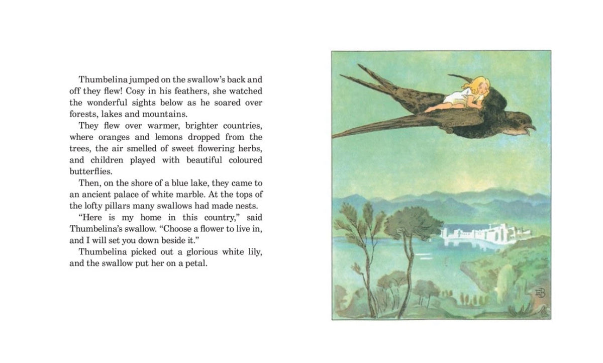 A printed page from Thumbelina children's book featuring Elsa Beskow's illustration of a girl riding on a swallow's back.