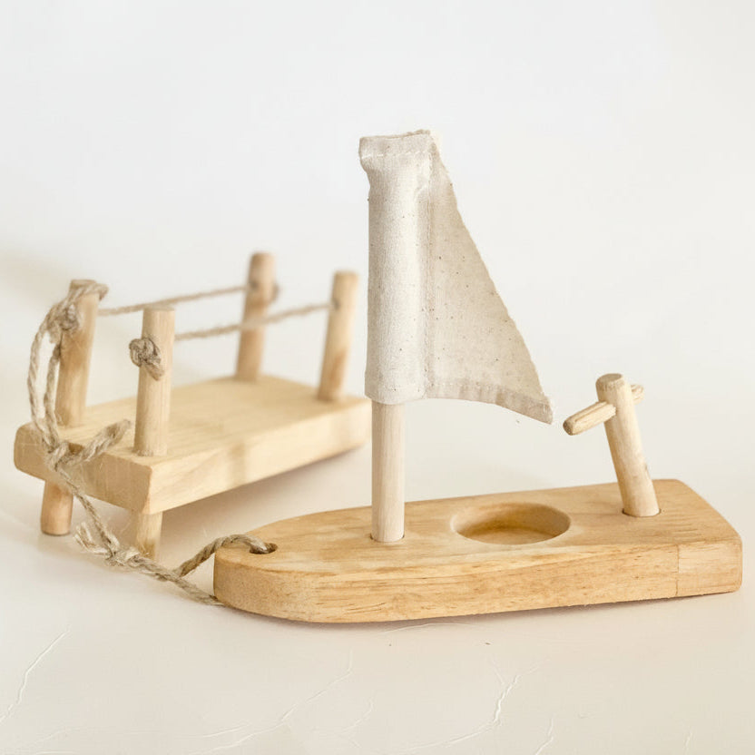 Tree Blooks wooden toy sail boat with dock dollhouse accessory