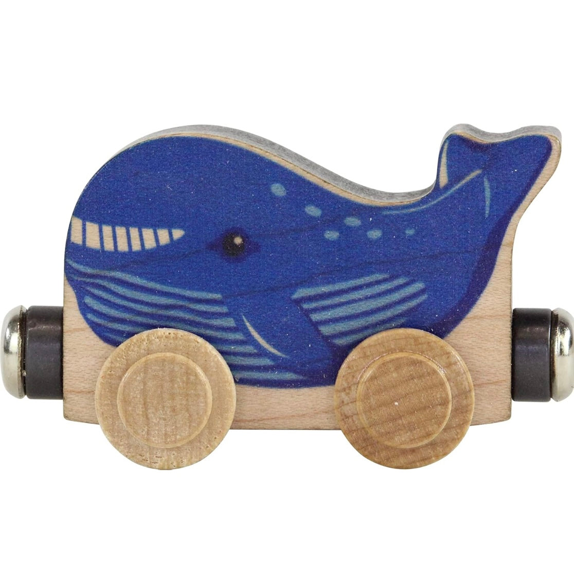 Maple Landmark wooden toy blue whale train car with natural wheels