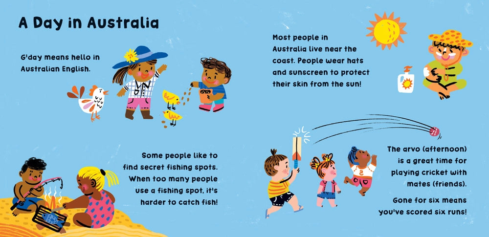 OUr World Australia Illustrated book page about a day in Australia with children playing and text explaining Australian culture.