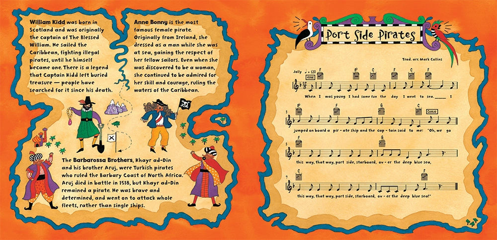 Portside Pirates illustrated book page with pirate information with a song and music