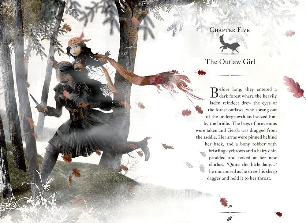 The Snow Queen Children's Chapter Book illustrated page with a fantasy scene of two characters in a forest.
