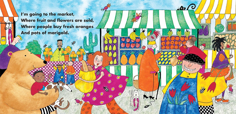 Bear on a Bike Children's Book illustration of bear at a market