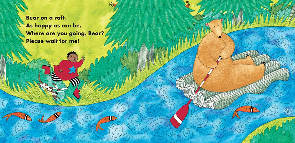 Bear on a Bike children's book illustration of bear on a raft