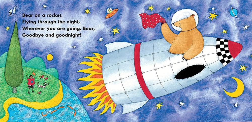 bear on a bike children's book illustration of bear on a rocket