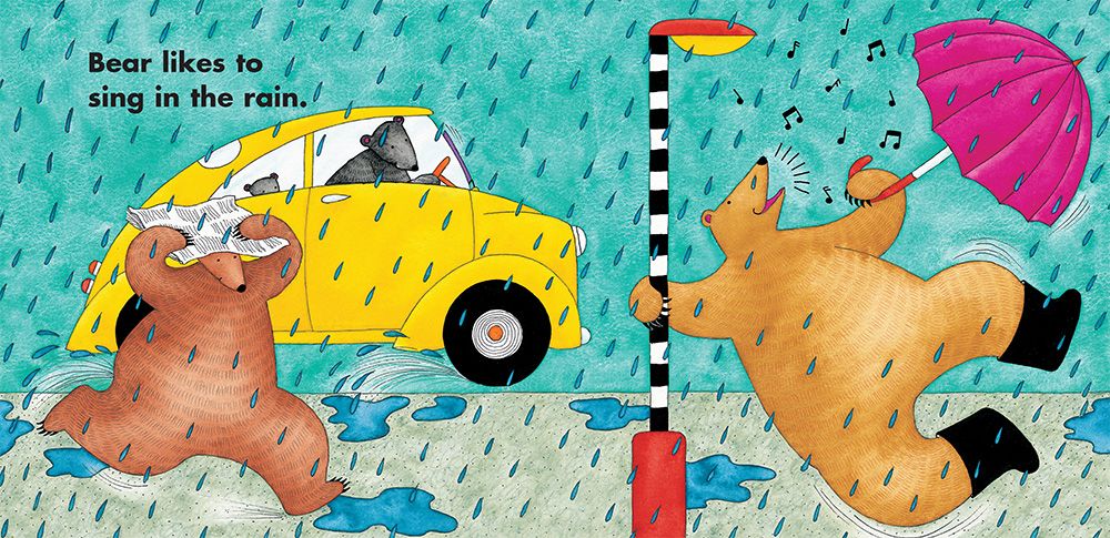 Bear in Sunshine board book illustrated Fall in the rain page