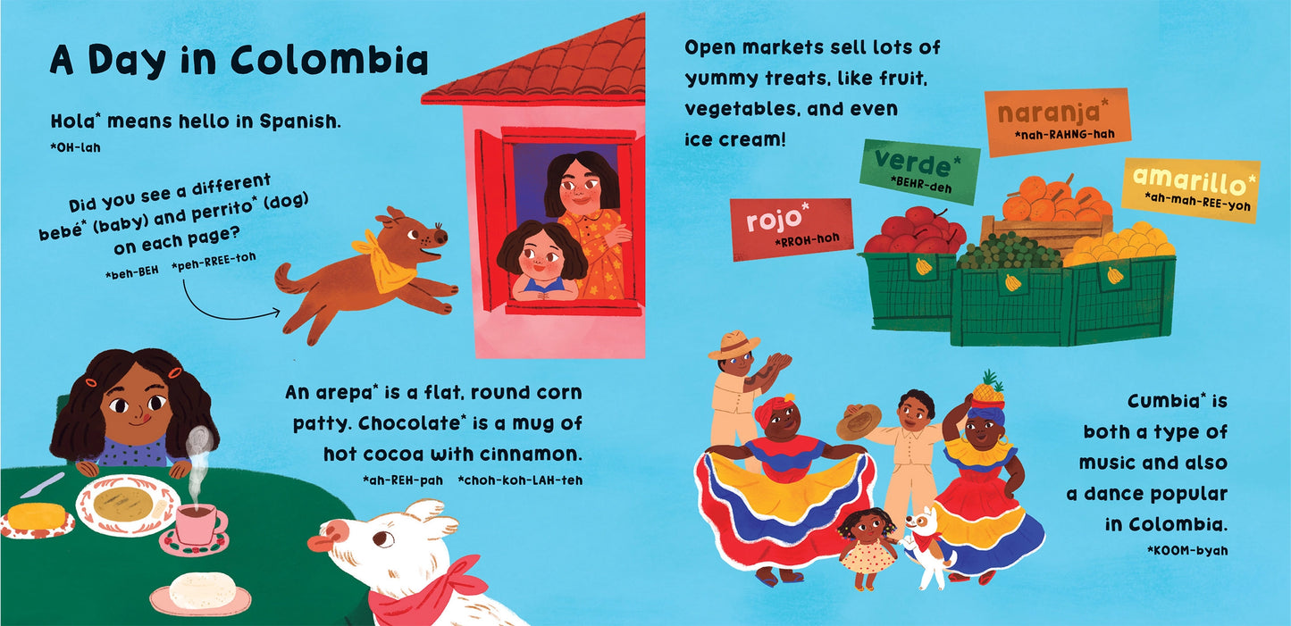 Barefoot Books Our World Colombia board book illustration page featuring a day in Colombia