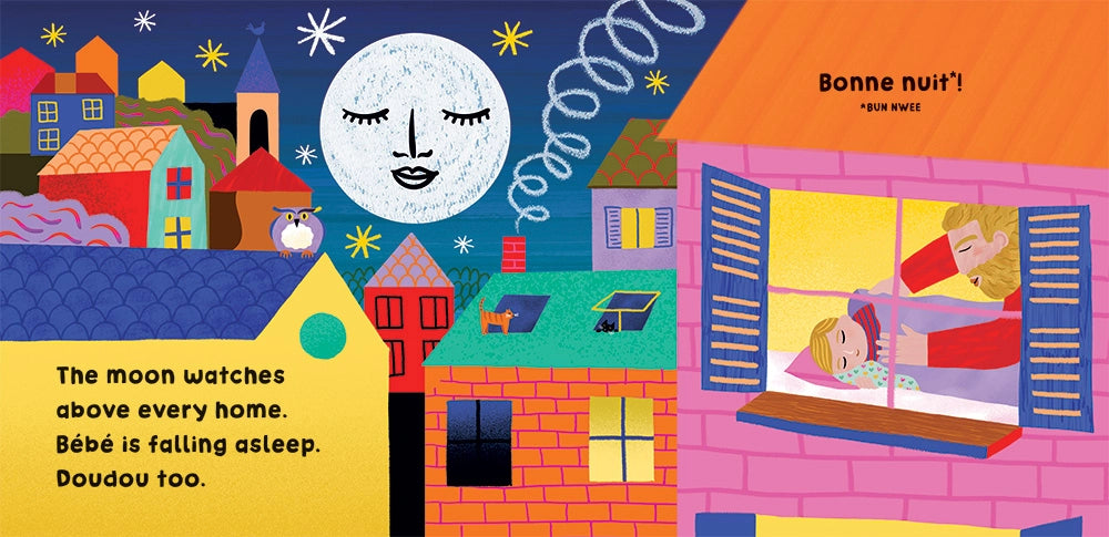 Barefoot Books Our World France board book illlustrated page featuring the moon over a french village and father tucking a child into bed.