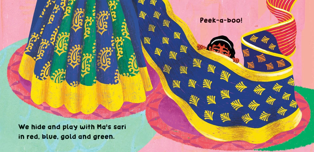 Barefoot Books Our World India Board book illustrated page featuring a child hiding behind a sari.