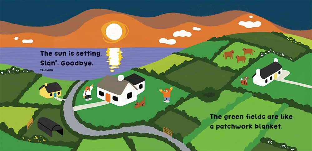 Barefoot Books Our World Ireland Illustrated page featuring homes on a hillside.