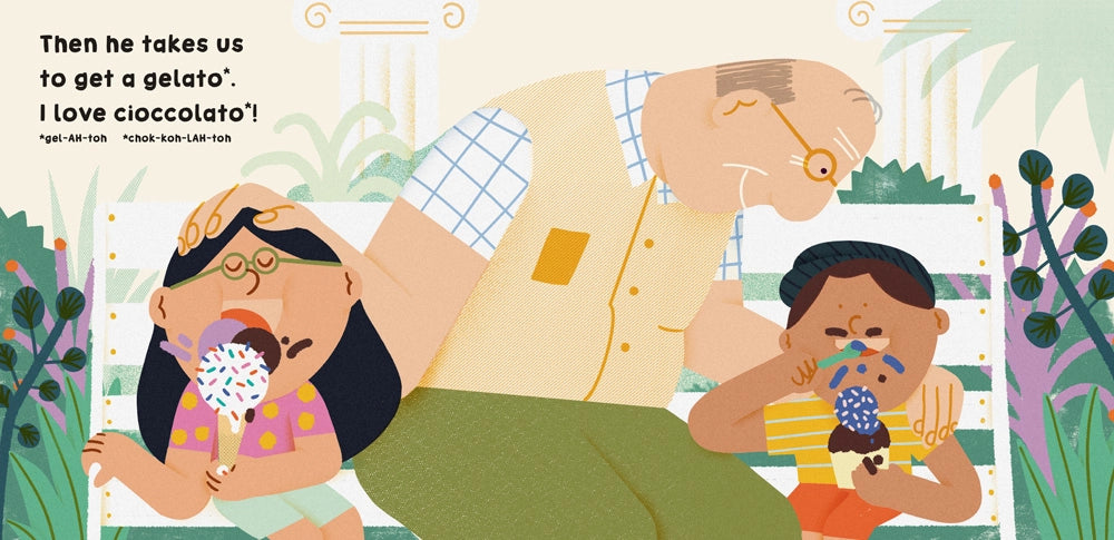 Our World Italy Barefoot Books Board Book illustrated page featuring children and a grandpa eating gelato