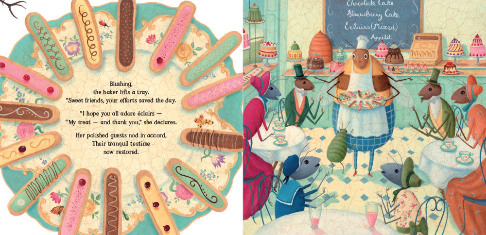 The Tiny Baker picture book illustrated page featuring an insect getting help from fiends.
