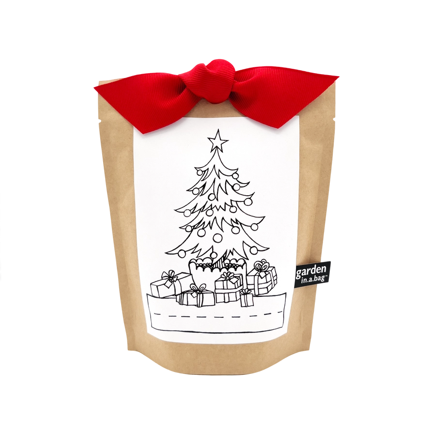 A kids grow bag with a red ribbon and a printed Christmas tree for coloring.
