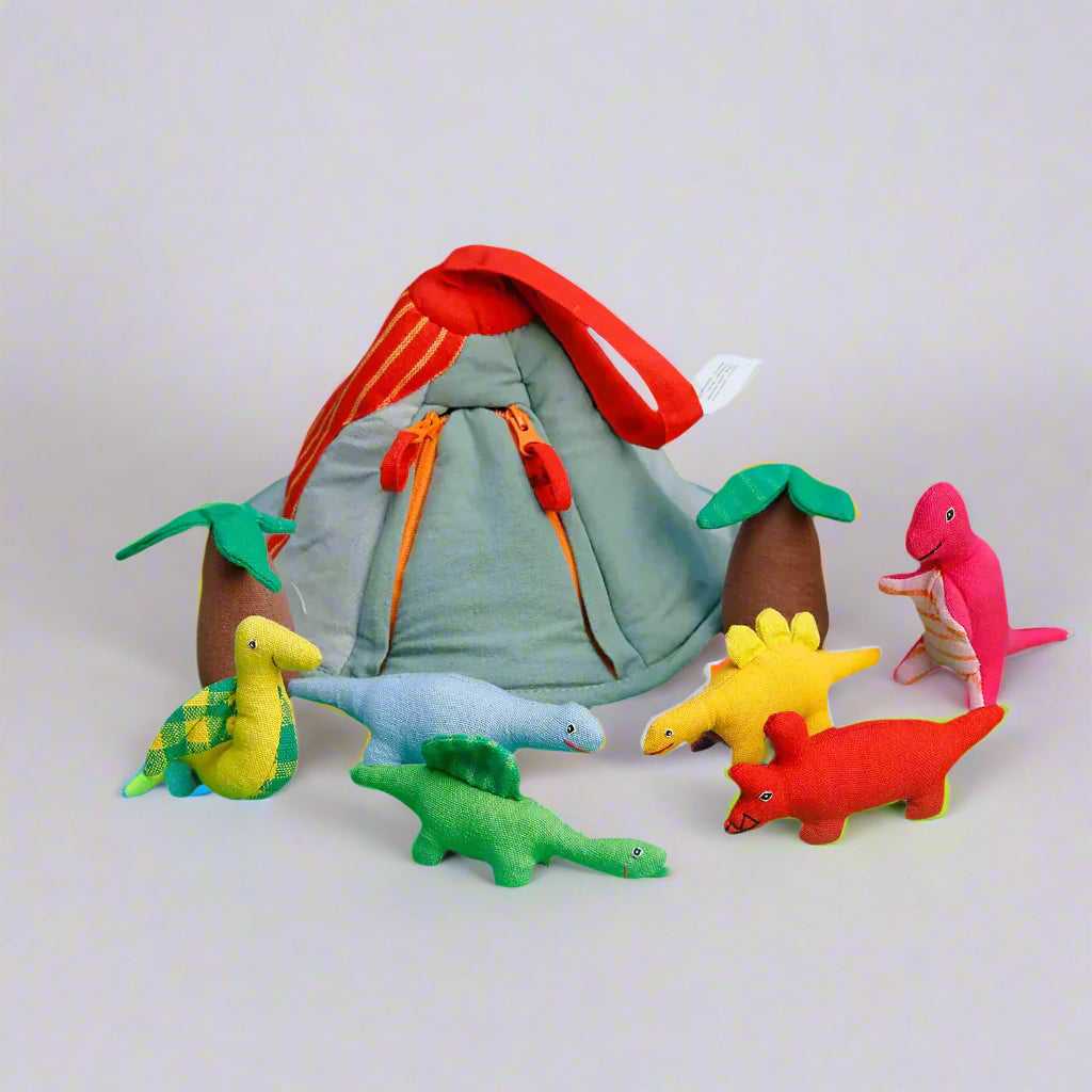 handmade dinosaur toys and volcano bag
