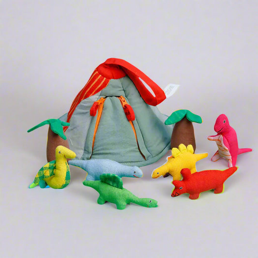 handmade dinosaur toys and volcano bag