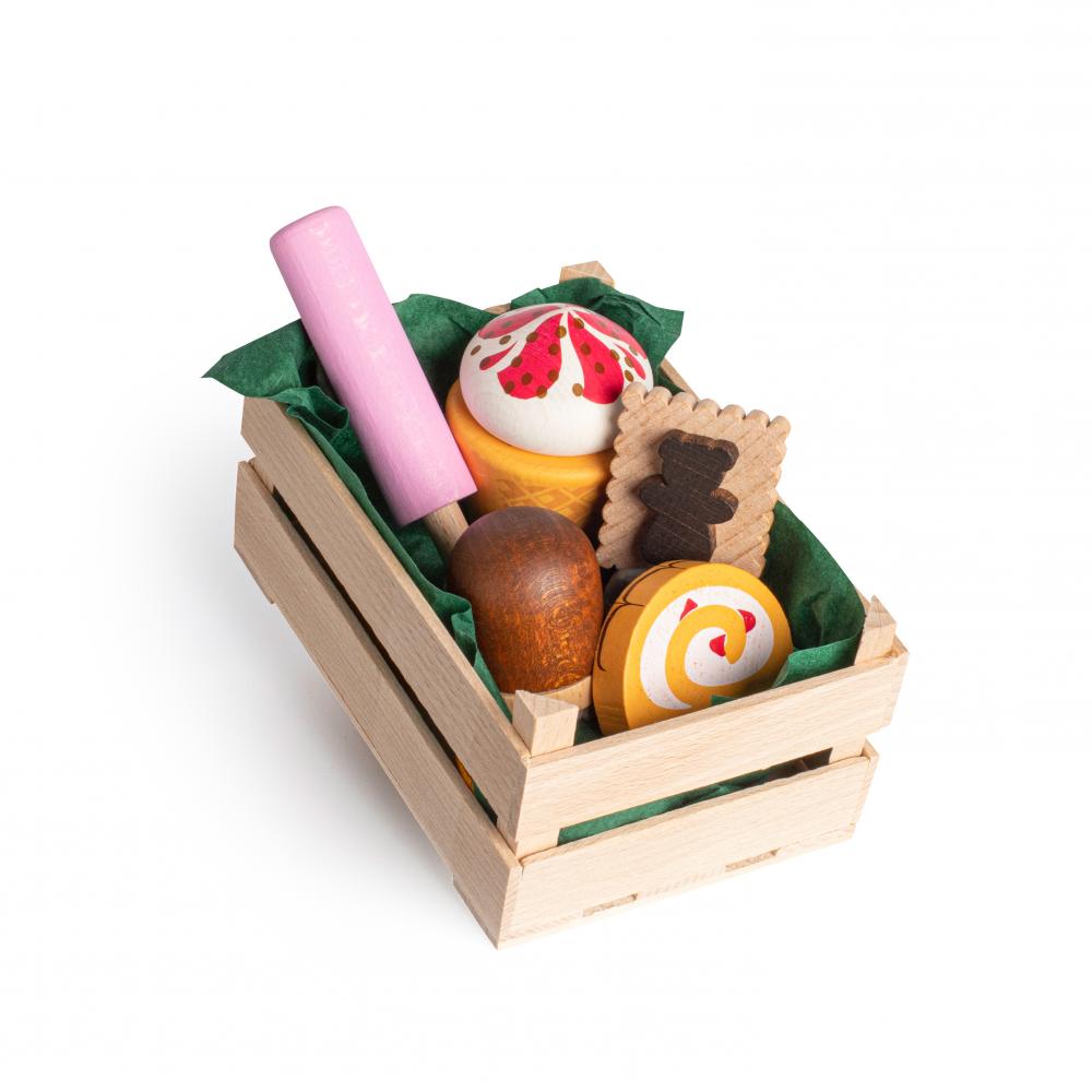 Erzi wooden play food dessert in a crate with ice creams, pastries and cookies