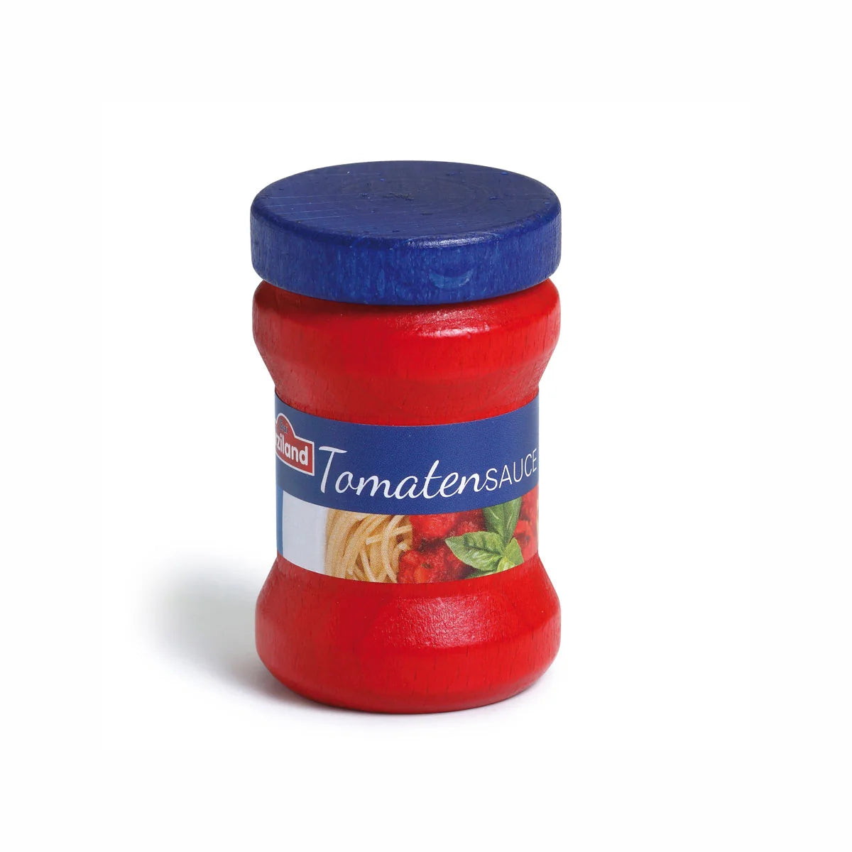 Erzi toys small wooden jar of red tomato sauce with a blue lid.