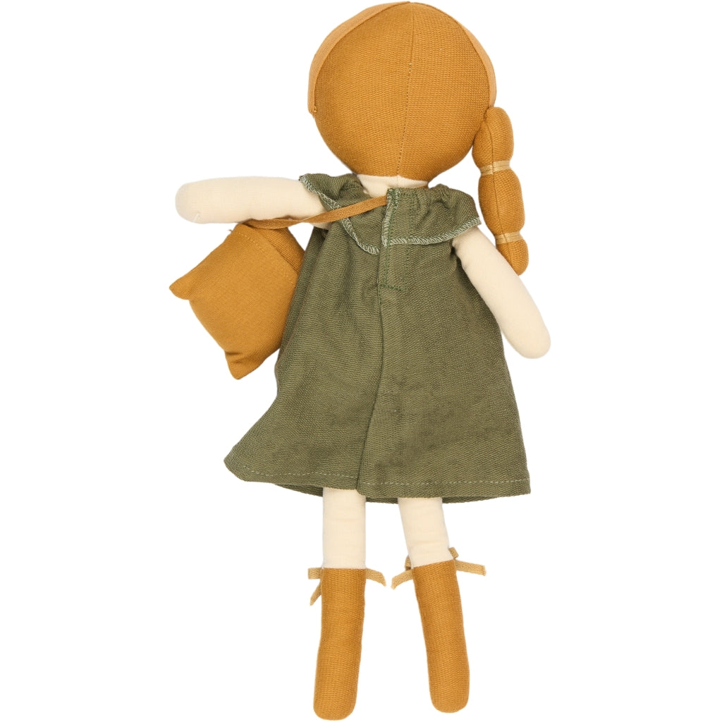 Soft Doll with a green dress and brown boots and bag