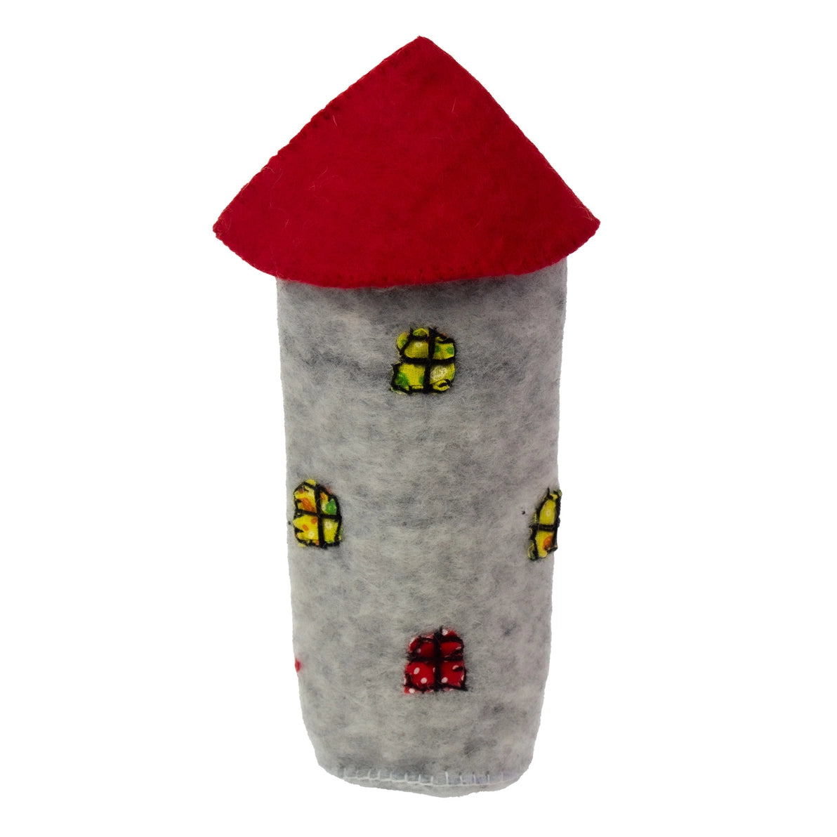 Toy castle tower with a red roof and small windows