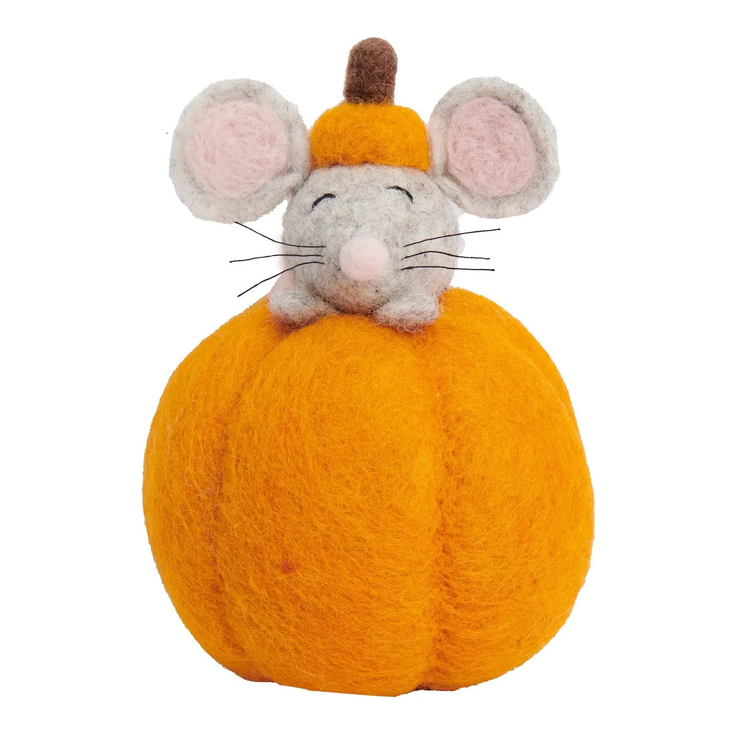 A felt plush gray mouse peeking out from a pumpkin wearing the pumpkin's top as a hat.