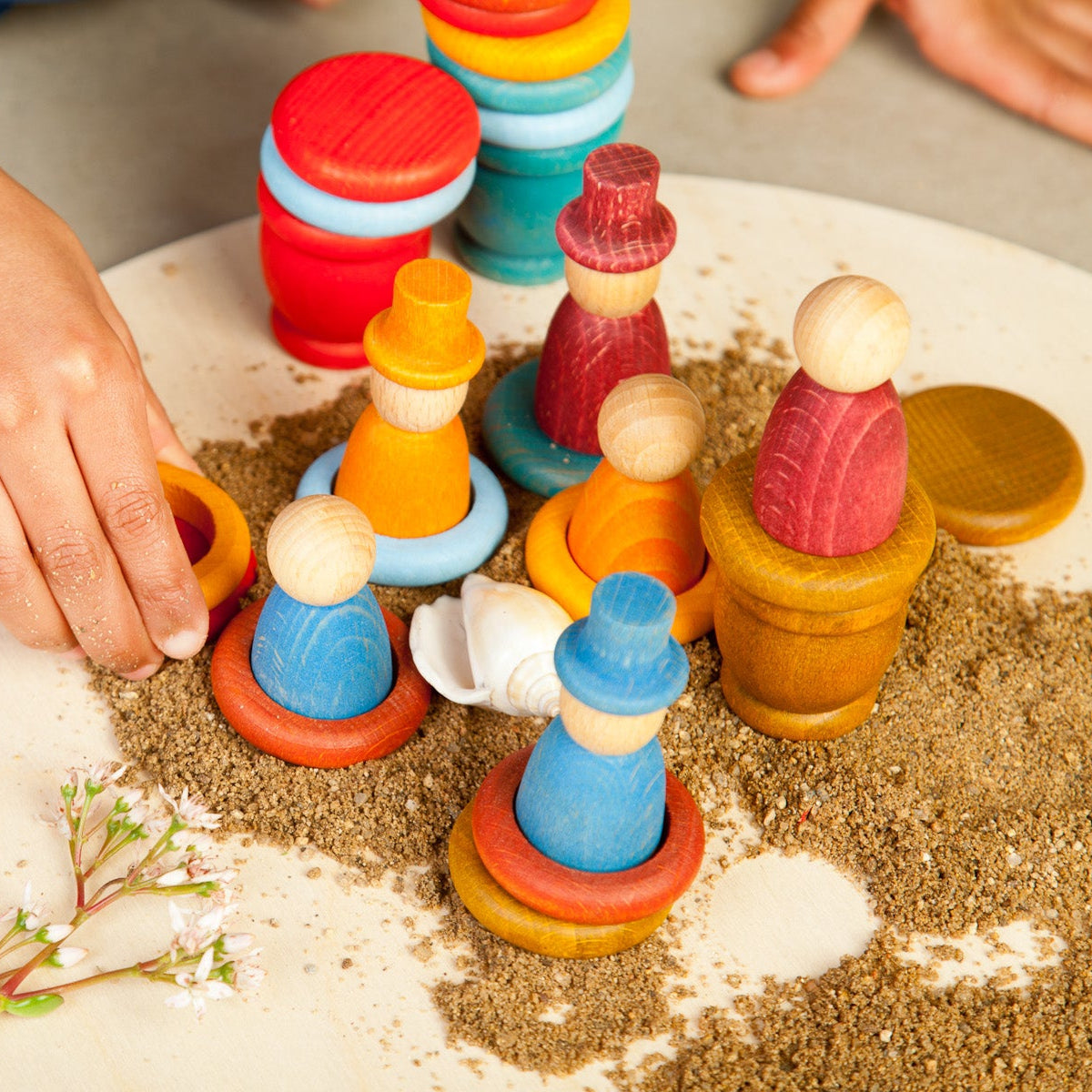 grapat aguamarina summer wooden loose parts nins, cups, coins, and rings toys