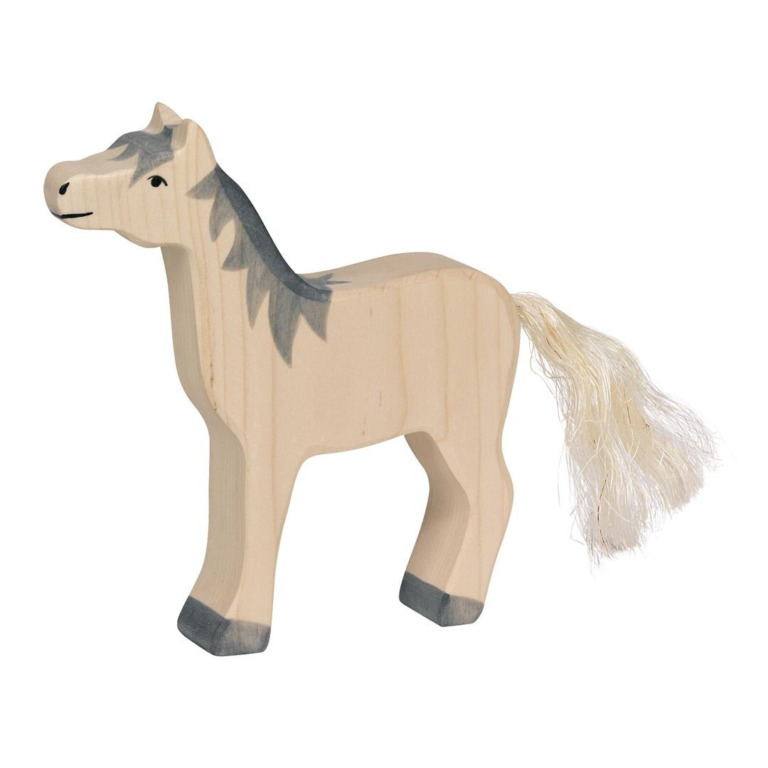 Holztiger wooden horse toy with a natural finish and a gray mane