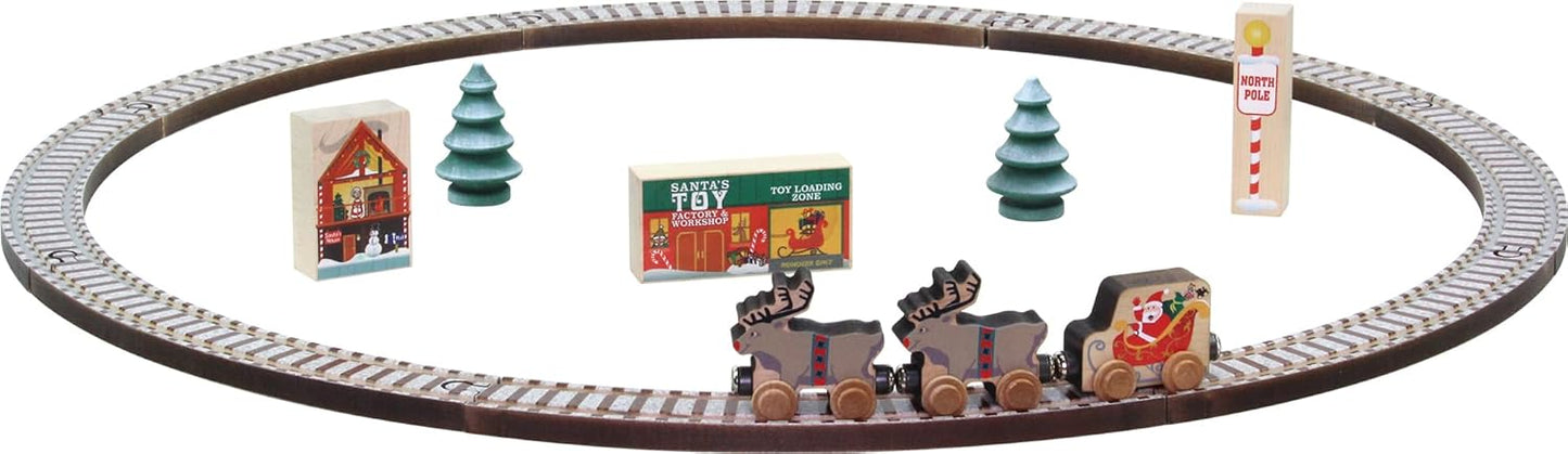 Maple Landmark wooden toy Christmas tree train set with santa's sleigh, reindeer, trees, and buildings