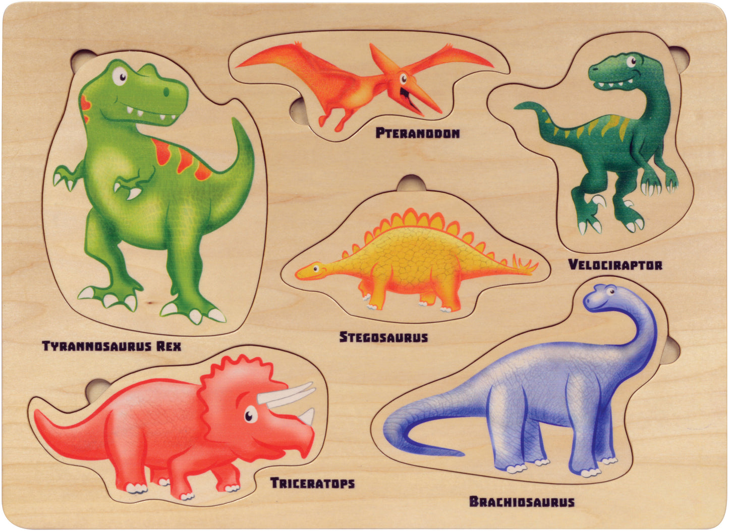A wooden dinosaur puzzle with six colorful dinosaur-shaped pieces labeled Tyrannosaurus Rex, Pteranodon, Velociraptor, Stegosaurus, Triceratops, and Brachiosaurus.