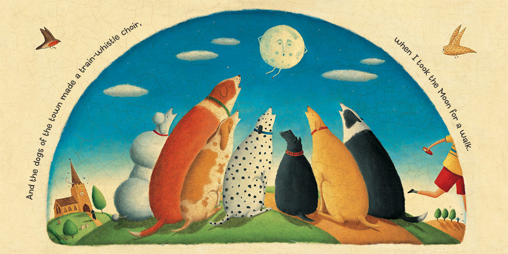 i took the moon for a walk children's book illustration of howling dogs