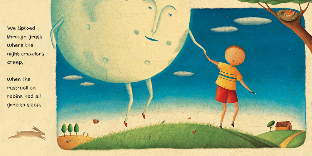 i took the moon for a walk children's book illustration of boy walking with moon