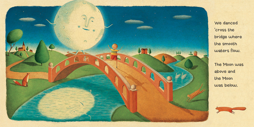 I Took the Moon for a Walk Children's book illustration of a boy walking over a bridge with the moon