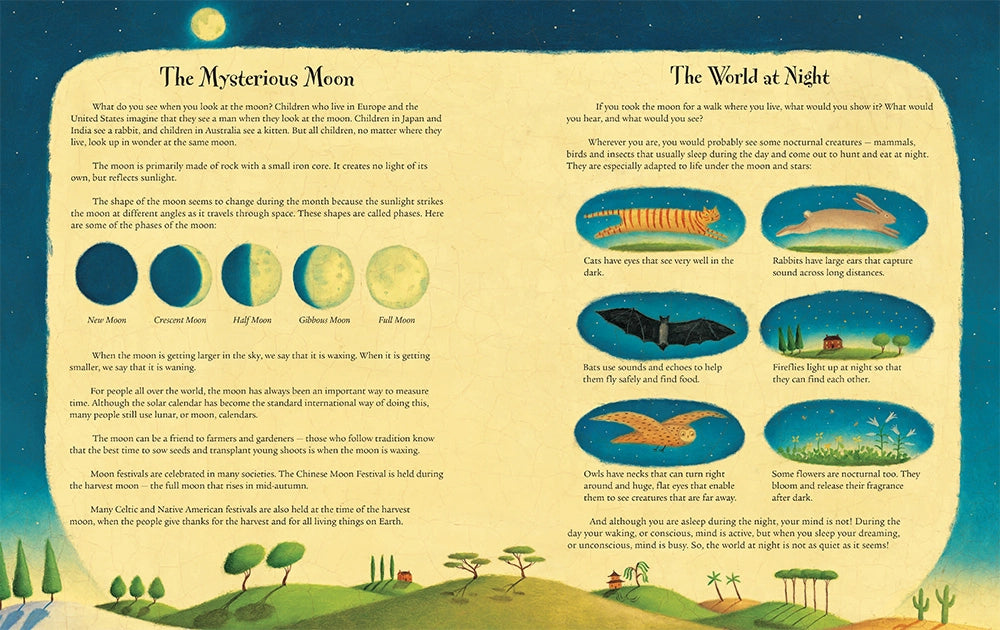 I Took the Moon for a Walk children's book illustration of educational notes on nighttime and nocturnal animals