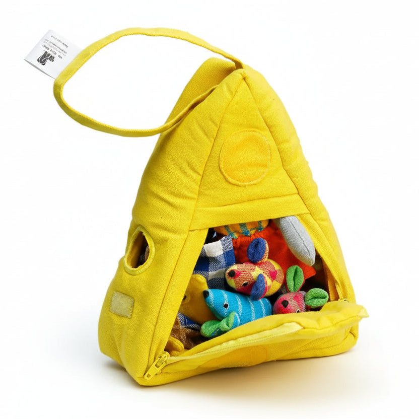 handmade cotton mouse play set toys tucked into a cheese house