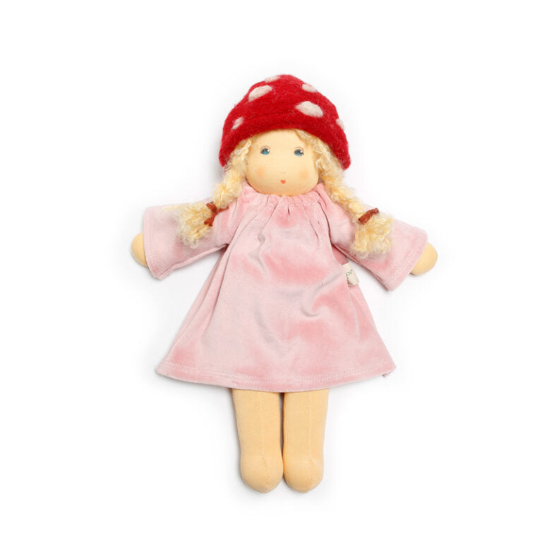 nanchen waldorf doll garden child lolle in pink dress and mushroom cap