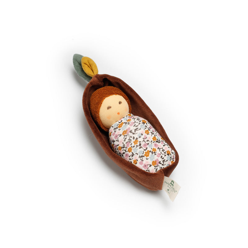 nanchen organic oak baby doll rattle in bark bed