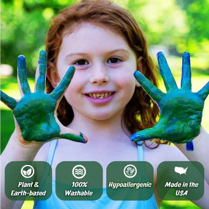 Child with green paint on hands with product features hypoallergenic, plant and earth-based, washable and made in USA.