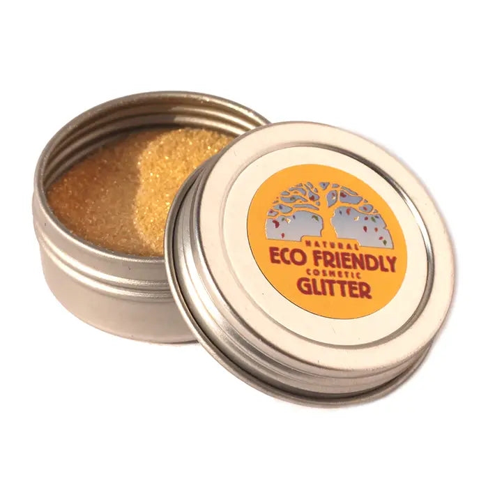 Natural Earth Eco-friendly gold cosmetic glitter in a metal container