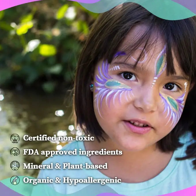 Child with Natural Earth face paint featuring non-toxic certification, organic and hypoallergenic icons a
