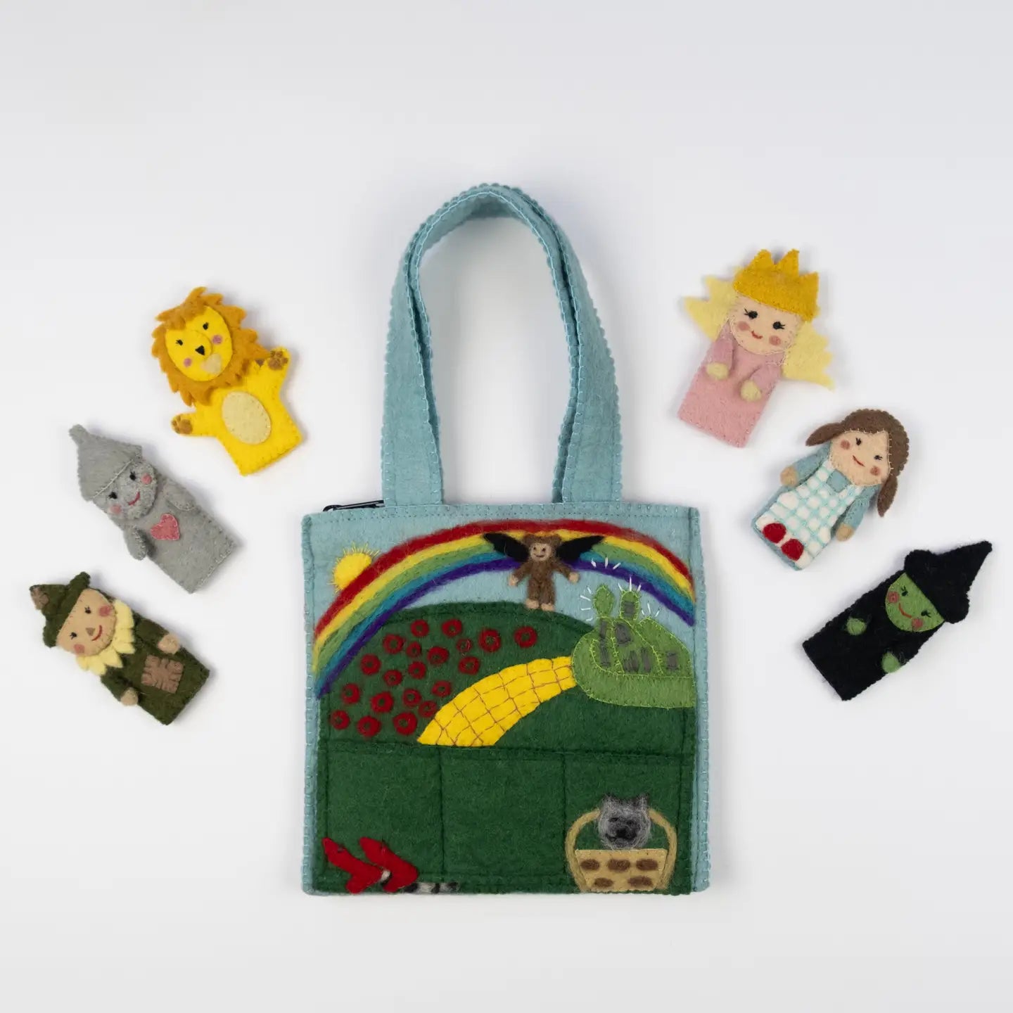 handmade felt wizard of oz puppet bag with finger puppets