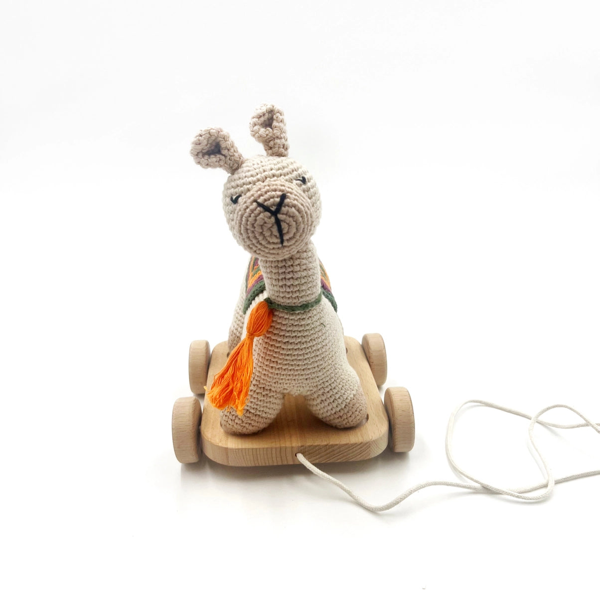 pebble crocheted llama pull toy with wooden base