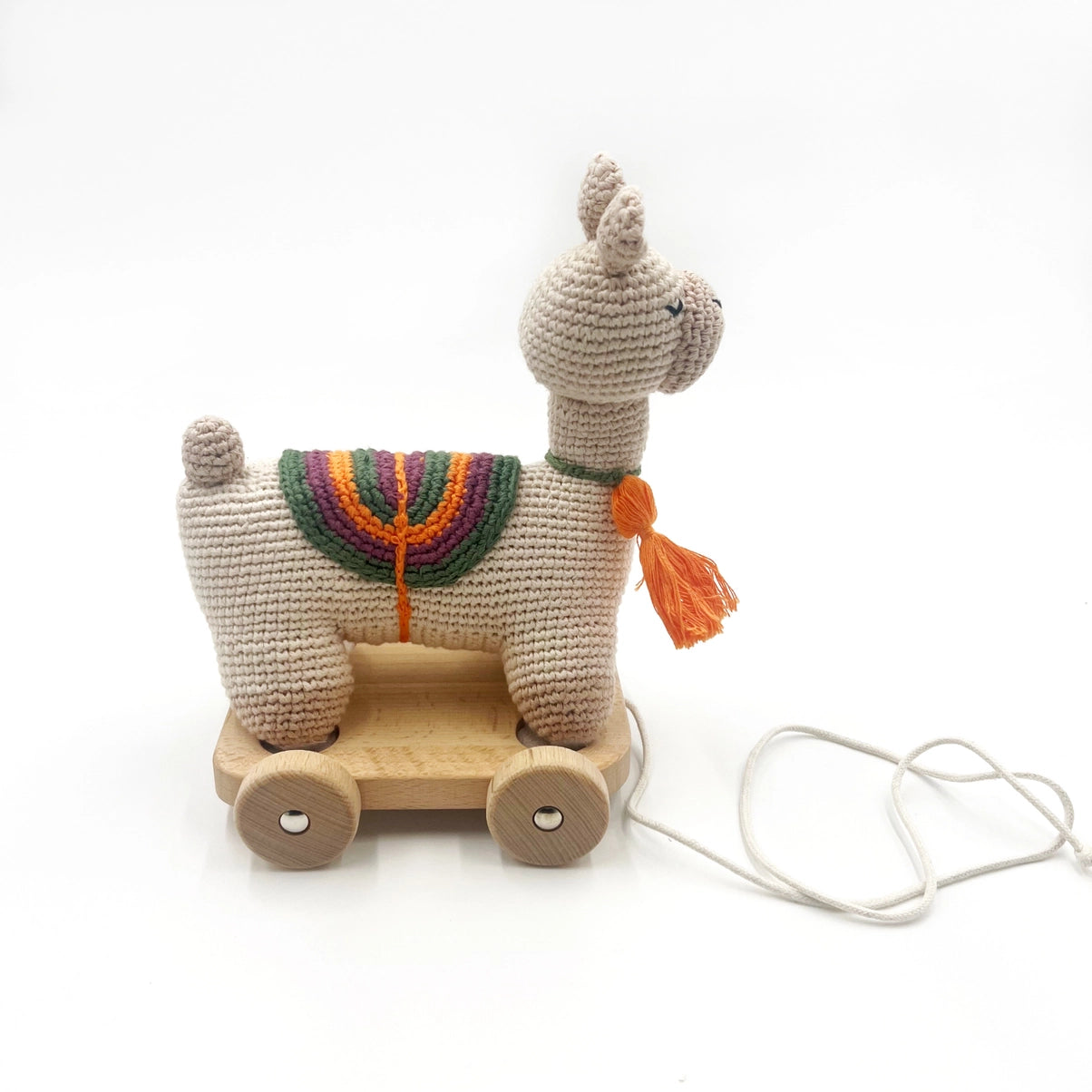 pebble organic llama crochet and wood pull toy