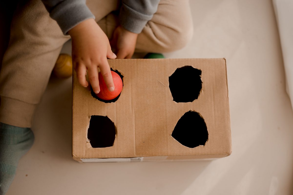 A child's sorting wooden toy balls in a cardboard box